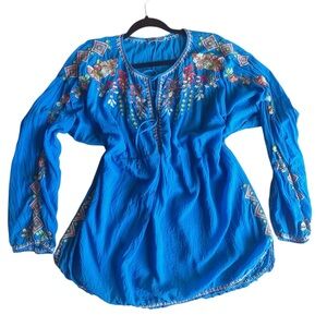 JOHNNY WAS Vanessa Georgette Embroidered Tunic Top Sz LP